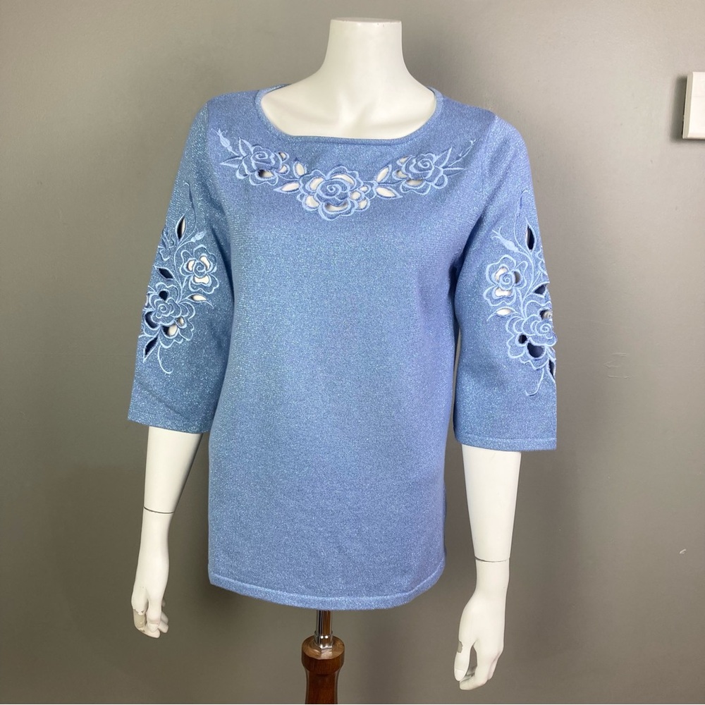 Bob‎ Mackie Sweater S Floral Embroidered Embellished Knitted Metallic Ice Blue